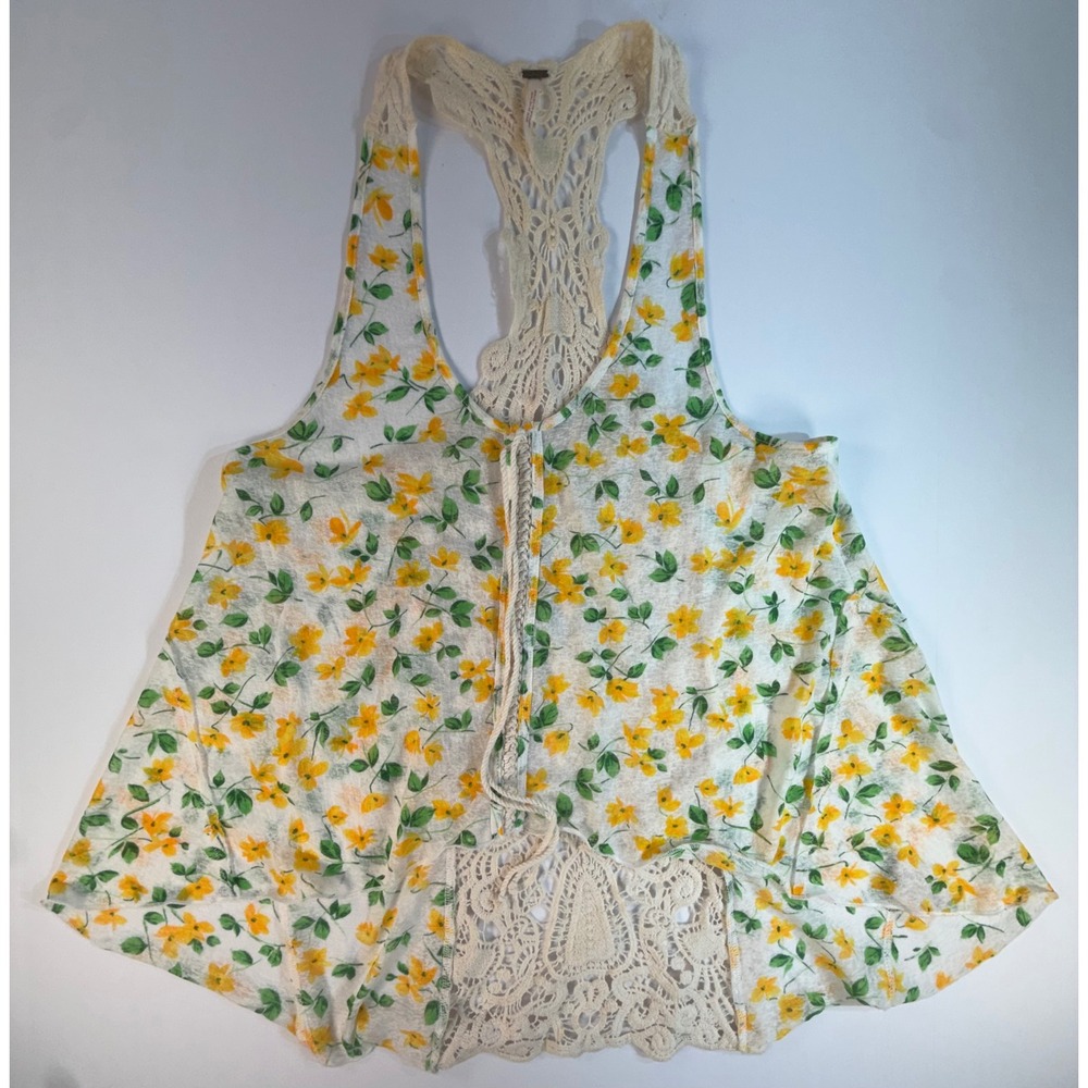 Free People Floral Crochet Lace Racerback Tank Top Yellow White XS 21F569U211